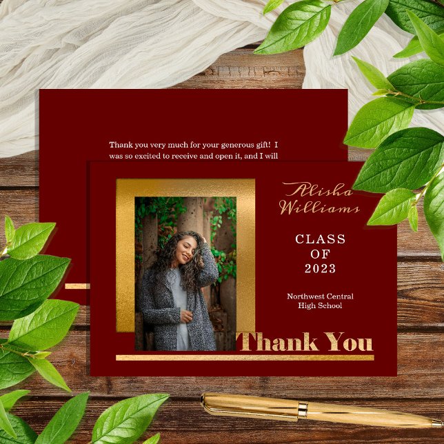 Classy Elegant Gold Text Graduate Photo Maroon Thank You Card (Creator Uploaded)
