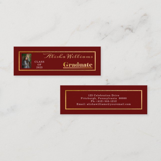 Classy Elegant Gold Text Graduate Photo Mini Business Card (Front/Back)