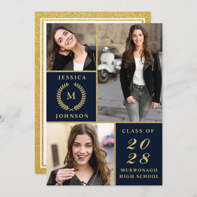 Classy Elegant Golden 3 PHOTO Graduation Party Invitation (Front/Back)