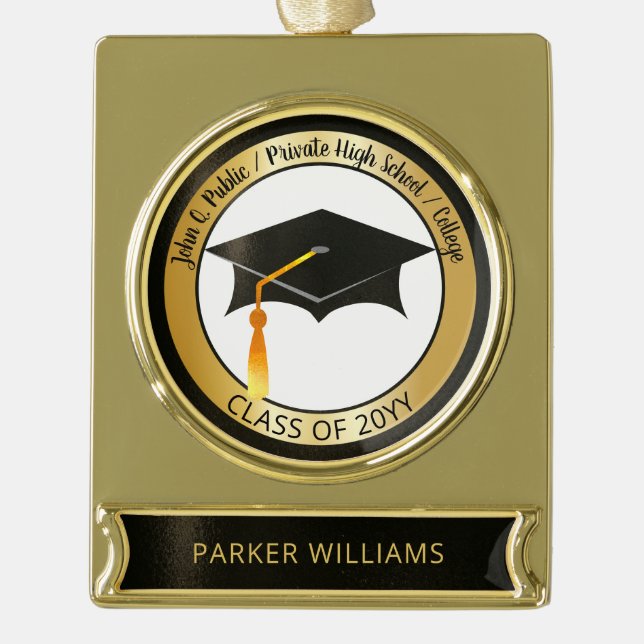 Classy Elegant Grad Cap School Graduate Graduation Gold Plated Banner Ornament (Front)