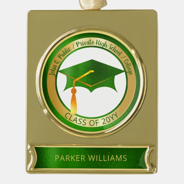 Classy Elegant Grad Cap School Graduate Graduation Gold Plated Banner Ornament (Front)