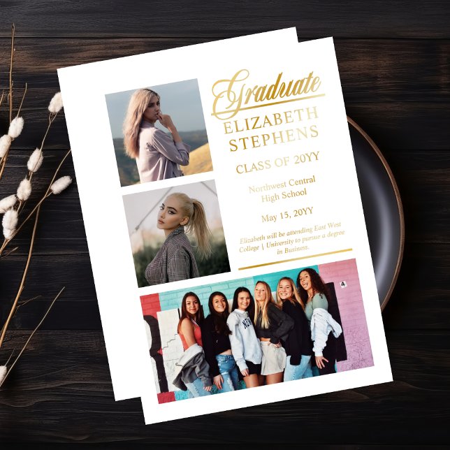Classy Elegant Graduate Graduation 3 Photo  (Classy and Elegant Script Text "Graduate" 3-Photo Gold Foil and White Graduation Announcement)