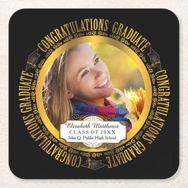 Classy Elegant Graduation Photo Square Paper Coaster (Front)