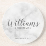Classy Elegant Marble Personalised Groomsmen Coaster<br><div class="desc">Classy Elegant Marble Modern Script Personalised Groomsmen Coaster
featuring personalised groomsman's name in modern calligraphy font style with title and wedding date in modern sans serif font style on white marble background.

Also perfect for Maid of Honour,  Flower Girl,  Mother of the Bride,  Groomsmen,  Best man and more.</div>