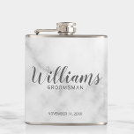 Classy Elegant Marble Personalised Groomsmen Hip Flask<br><div class="desc">Classy Elegant Marble Modern Script Personalised Groomsmen Flask
featuring personalised groomsman's name in modern calligraphy font style with title and wedding date in modern sans serif font style on white marble background.

Also perfect for Father of the Bride,  Best man and more.</div>