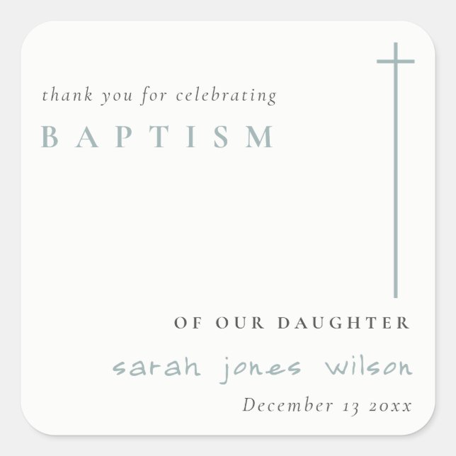 Classy Elegant Minimal Blue Typography Baptism Square Sticker (Front)