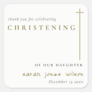 Classy Elegant Minimal Gold Typography Christening Square Sticker