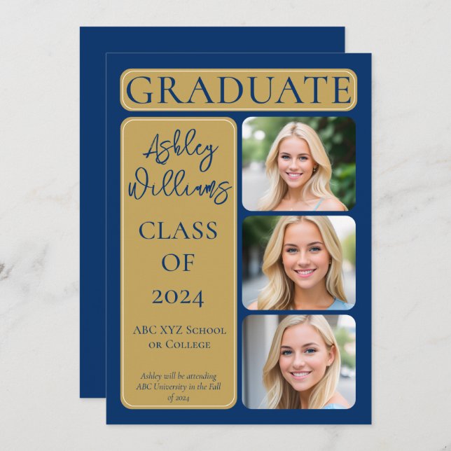 Classy Elegant Minimalist Graduate 3 Photo Announcement (Front/Back)