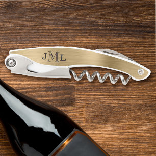 Classy Elegant Monogram 3 Letters Brushed Gold Corkscrew