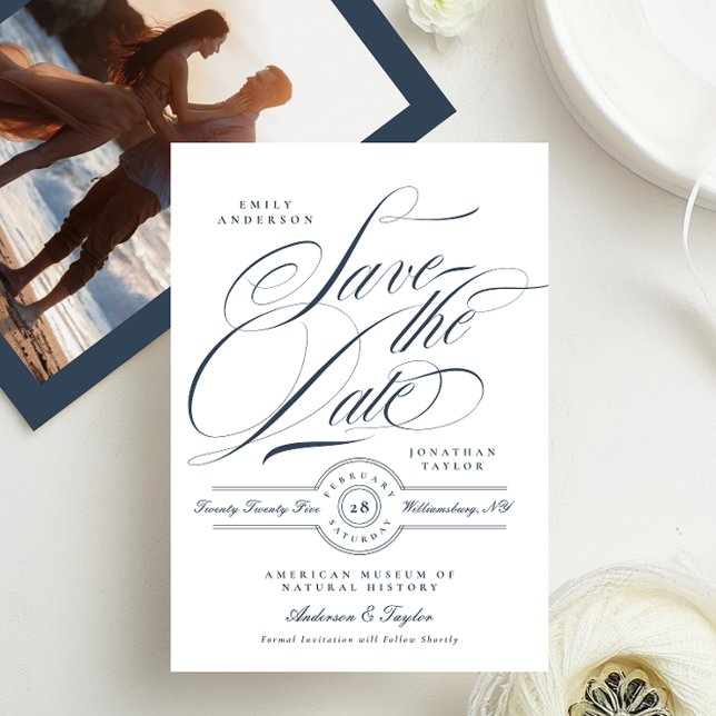 Classy Elegant Navy Blue Calligraphy Photo Back Save The Date (Creator Uploaded)