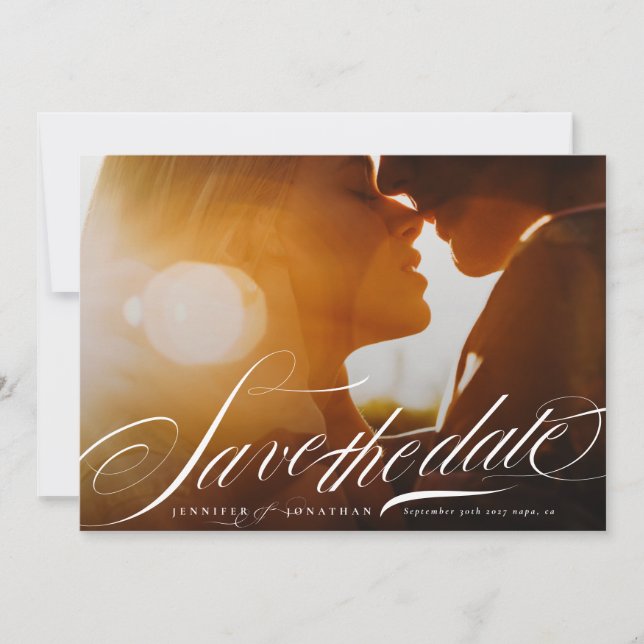 Classy Elegant Navy Blue Calligraphy QR Code Photo Save The Date (Front)