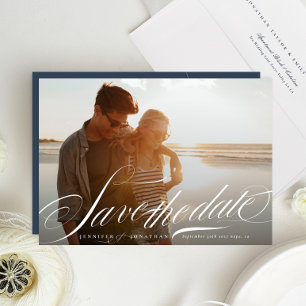 Classy Elegant Navy Blue White Calligraphy Photo Save The Date