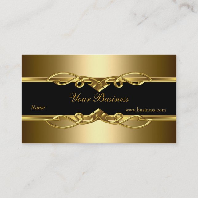 Classy Elegant Ornate Gold On Gold Black Business Card (Front)