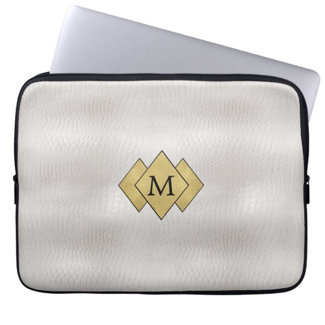 Classy Elegant Personalised Faux White Leather Laptop Sleeve (Front)