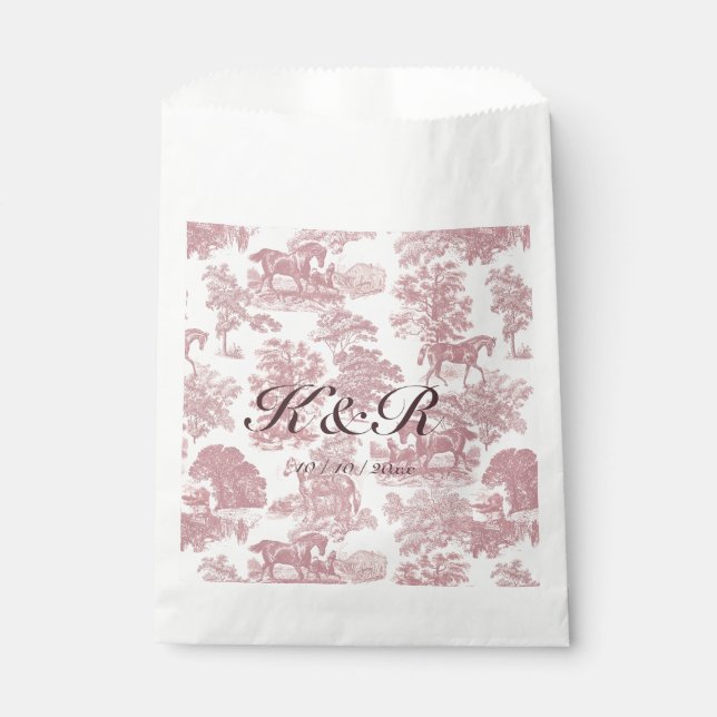 Classy Elegant Pink Horse Toile Name Initials Favour Bags (Front)