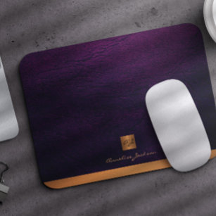 Classy elegant purple leather gold monogrammed mouse mat