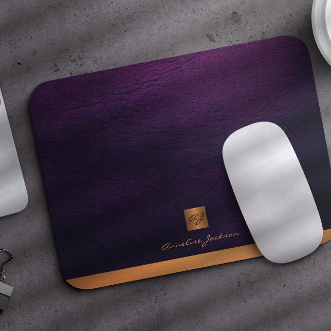 Classy elegant purple leather gold monogrammed mouse mat (Creator Uploaded)