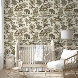 Classy Elegant Rustic Beige Cream Horse Toile Wallpaper