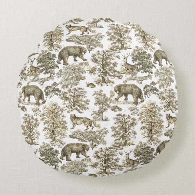 Classy Elegant Rustic Beige Forest Animals Toile Round Cushion (Front)