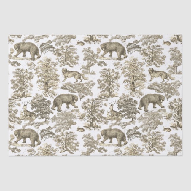 Classy Elegant Rustic Beige Forest Animals Toile Tissue Paper (Front)
