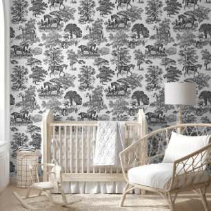Classy Elegant Rustic Black White Horse Toile Wallpaper