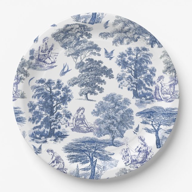 Classy Elegant Rustic Blue Country Toile Paper Plate (Front)