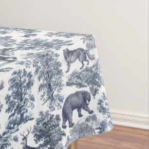 Classy Elegant Rustic Blue Forest Animals Toile Tablecloth