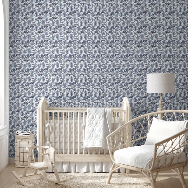 Classy Elegant Rustic Blue Forest Animals Toile Wallpaper (Kids)