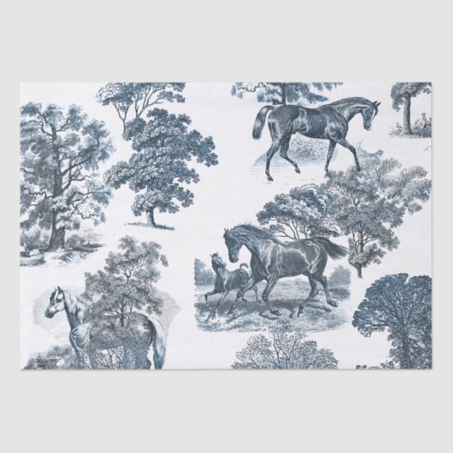 Classy Elegant Rustic Blue Horses Country Toile  Tissue Paper (Front)