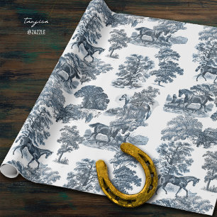 Classy Elegant Rustic Blue Horses Country Toile  Wrapping Paper