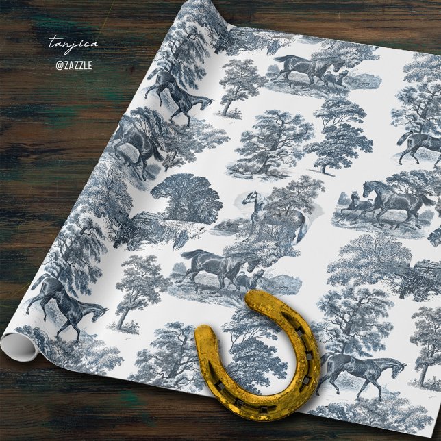 Classy Elegant Rustic Blue Horses Country Toile  Wrapping Paper (Creator Uploaded)