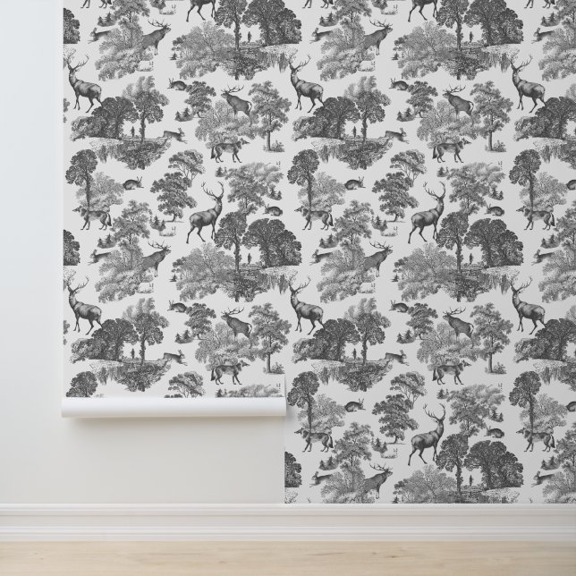 Classy Elegant Rustic Deer Forest Animals Toile Wallpaper (Application)