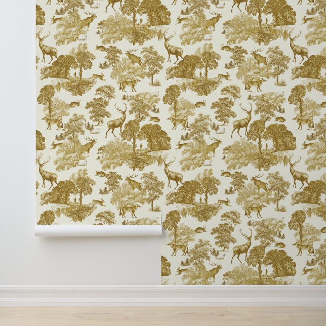 Classy Elegant Rustic Gold Deer Woodland Toile Wallpaper (Application)