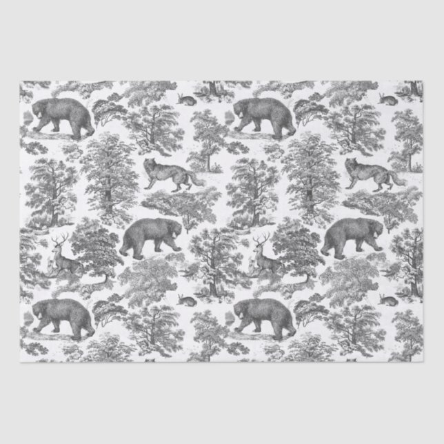 Classy Elegant Rustic Grey Forest Animals Toile Tissue Paper (Front)