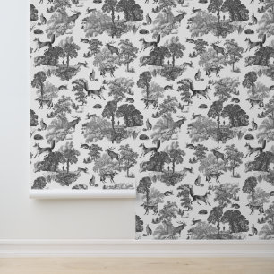 Classy Elegant Rustic Grey Fox Forest Animal Toile Wallpaper