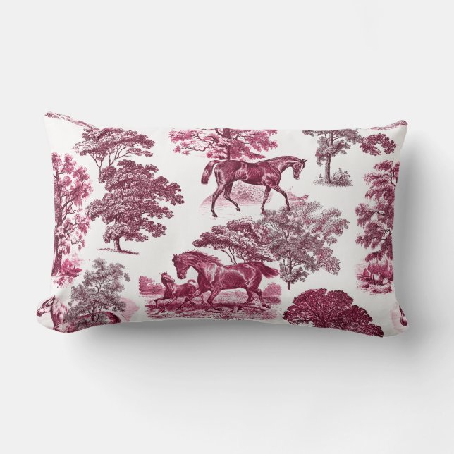 Classy Elegant Rustic Magenta Red Toile Horses Lumbar Cushion (Front)