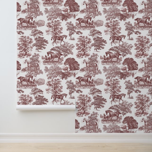 Classy Elegant Rustic Pale Red Horse Toile Wallpaper (Application)