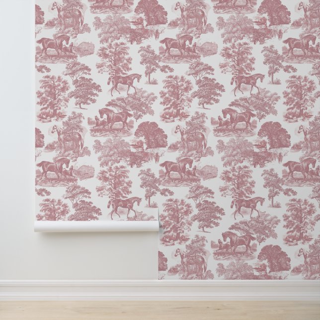Classy Elegant Rustic Pink Horse Toile Wallpaper (Application)