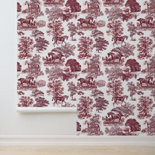 Classy Elegant Rustic Red Horse Toile Wallpaper