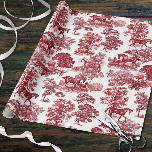 Classy Elegant Rustic Red Horses Country Toile Wrapping Paper (Creator Uploaded)