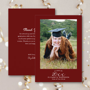 Classy Elegant Script Burgundy Graduation Photo Thank You Card