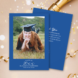 Classy Elegant Script Royal Blue Graduation Photo Thank You Card