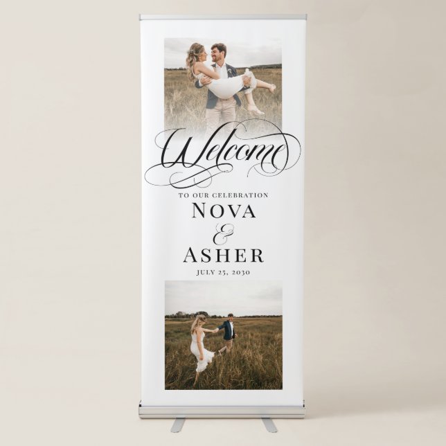 Classy Elegant Simple 2 Photo Wedding Welcome Retractable Banner (Front)