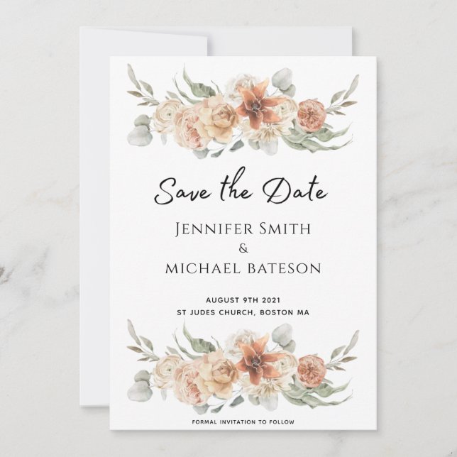 classy elegant summer peach pink flowers non photo save the date (Front)