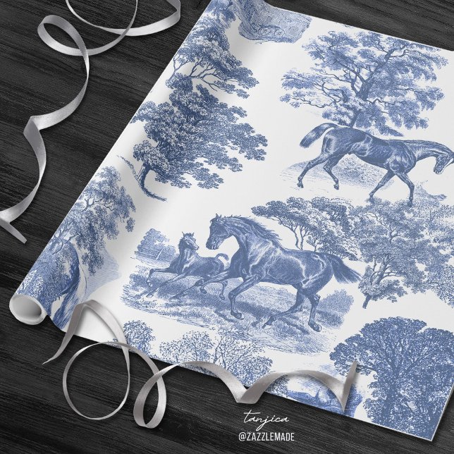 Classy Elegant Vintage Blue Horses Country Toile Wrapping Paper (Creator Uploaded)