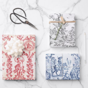 Classy Elegant Vintage Blue Red Grey Toile Wrapping Paper Sheet