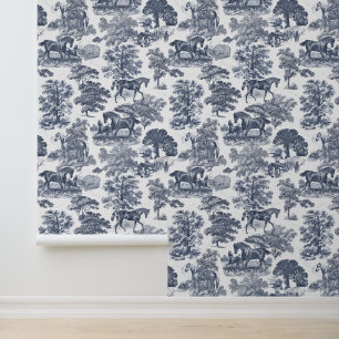 Classy Elegant Vintage Dusty Blue Horse Toile Wallpaper