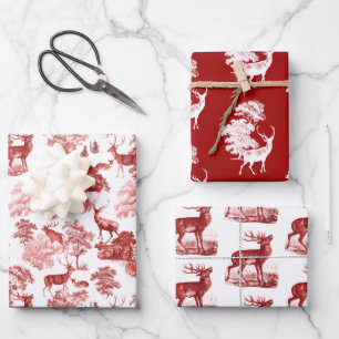Classy Elegant Vintage Red Toile Deer in Woodland Wrapping Paper Sheet