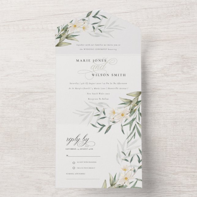 Classy Elegant White Greenery Floral Wedding All In One Invitation (Inside)