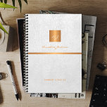 Classy elegant white leather gold monogrammed planner<br><div class="desc">Luxury exclusive looking office or personal monogrammed 2025 planner featuring a faux copper metallic gold glitter square with your monogram name initials and a sparkling stripe over a stylish white faux leather background. Suitable for small business, corporate or independant business professionals, personal branding or stylists specialists, makeup artists or beauty...</div>